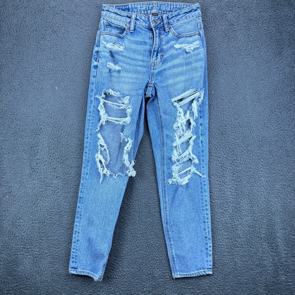 American Eagle Mom Jean Stretch Light Wash Distressed Blue Denim 00 Short Short